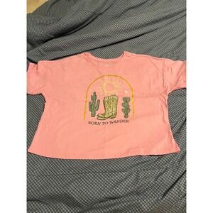 Wonder Nation Girls Pink Born To Wander Western Graphic Tee L 10-12 Cowboy Boot